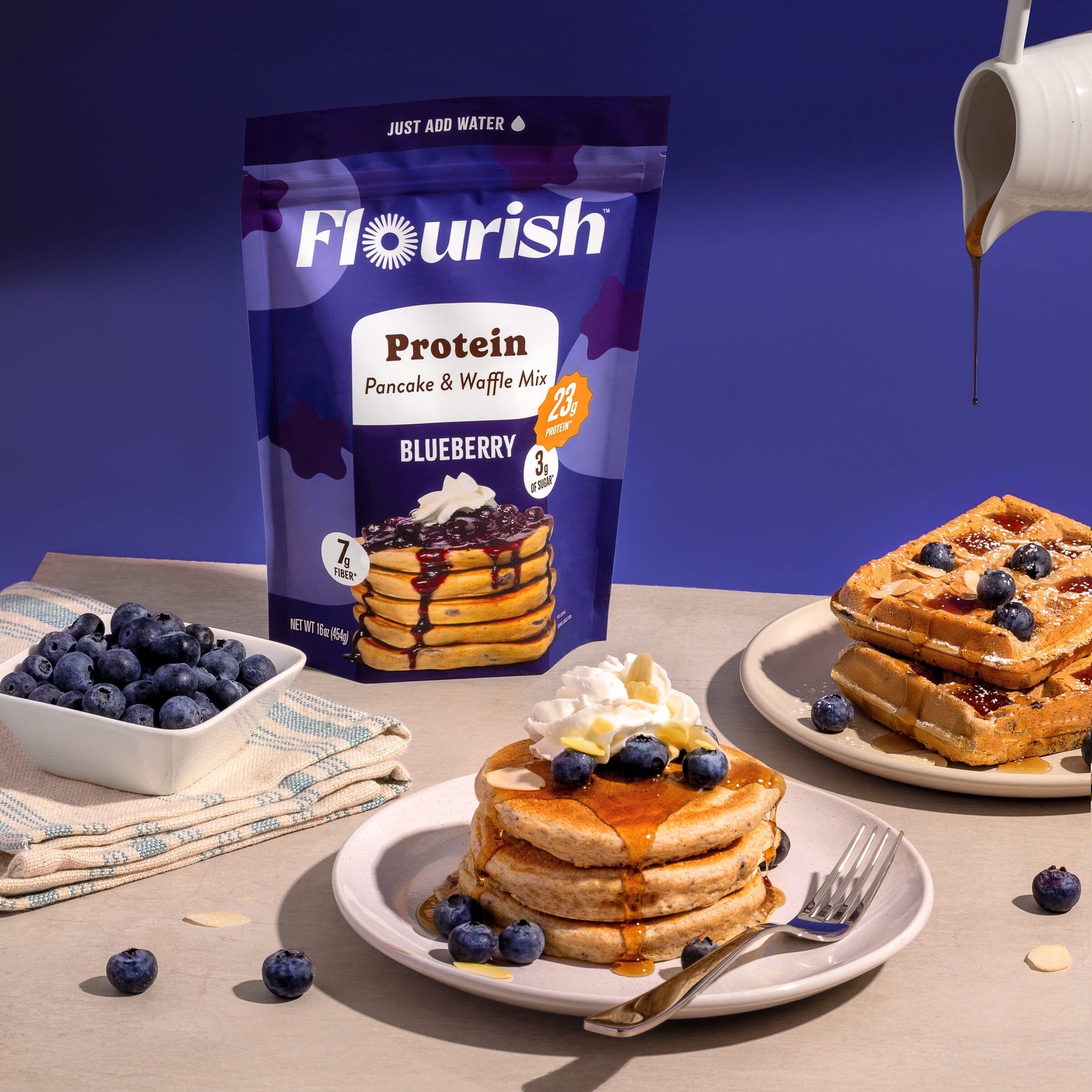 Blueberry Protein Pancake Mix (16oz) Whey-based High Protein Flourish 