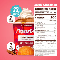 Flourish Maple Cinnamon Protein Muffin Cup showing prepared serving with nutrition facts, ingredients, and key benefits including 23g protein, 7g fiber, and 2g sugar.