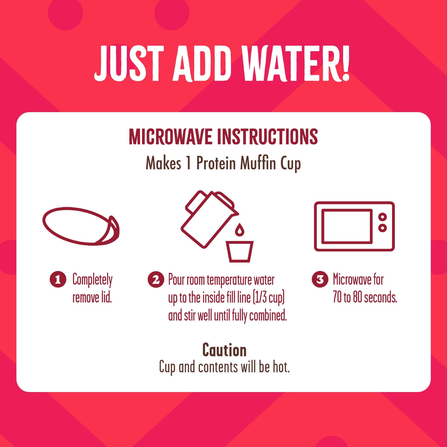 Microwave instructions for preparing a Flourish Protein Muffin Cup by adding water, stirring, and microwaving for 70–80 seconds.