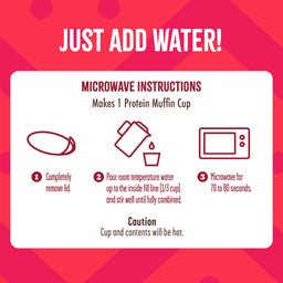 Microwave instructions for preparing a Flourish Protein Muffin Cup by adding water, stirring, and microwaving for 70–80 seconds.