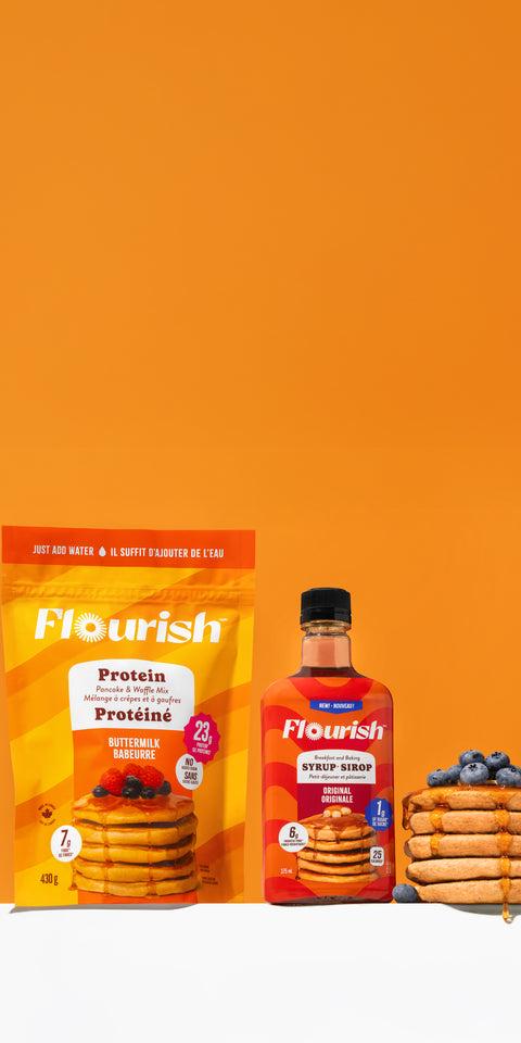 Ring in BetterMorningswith High-Protein Pancakesand Low-Sugar Syrup.